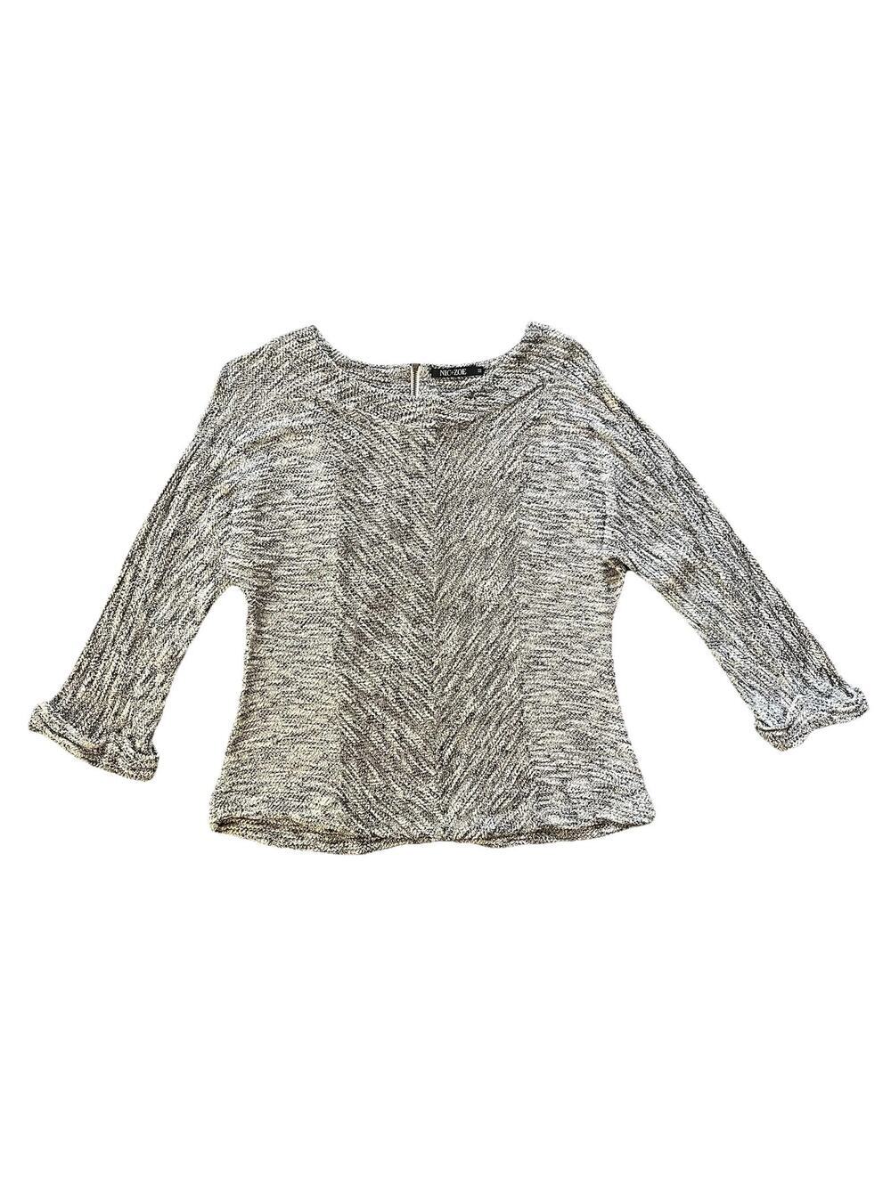 Nic + Zoe Gray Sweater 3/4 Sleeve Back Zip Tweed Top Sweatshirt Pullover, Size M